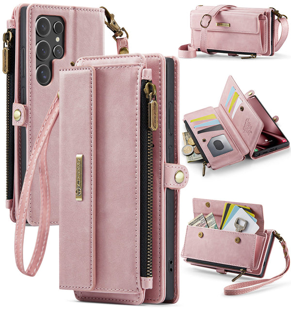 Samsung Galaxy S24 Ultra Crossbody Case with Strap, Card Slots & Zipper Pocket [Pink]