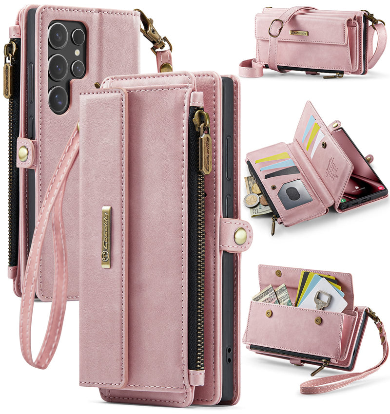 Samsung Galaxy S24 Ultra Crossbody Case with Strap, Card Slots & Zipper Pocket [Pink]