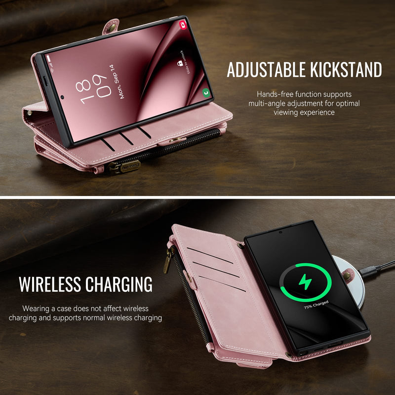 Samsung Galaxy S24 Ultra Crossbody Case with Strap, Card Slots & Zipper Pocket [Pink]