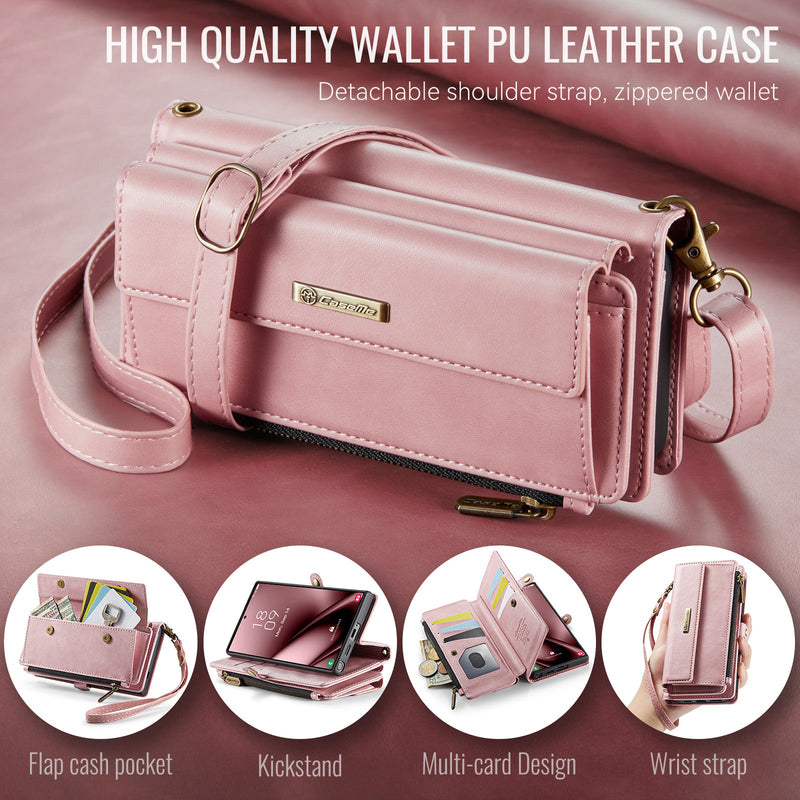 Samsung Galaxy S24 Ultra Crossbody Case with Strap, Card Slots & Zipper Pocket [Pink]