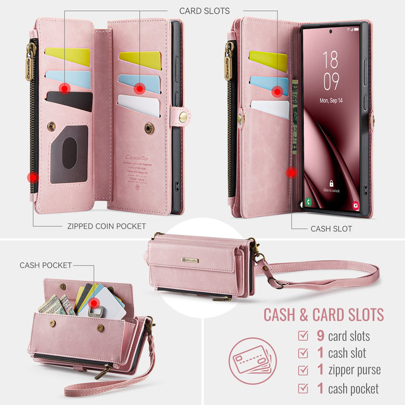 Samsung Galaxy S24 Ultra Crossbody Case with Strap, Card Slots & Zipper Pocket [Pink]