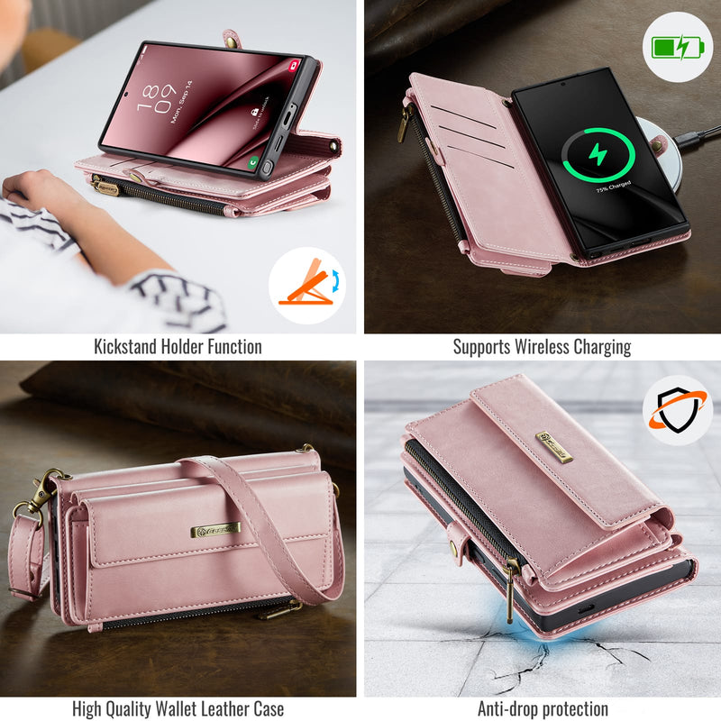 Samsung Galaxy S24 Ultra Crossbody Case with Strap, Card Slots & Zipper Pocket [Pink]