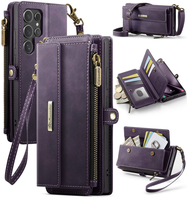 Samsung Galaxy S24 Ultra Crossbody Case with Strap, Card Slots & Zipper Pocket [Purple]