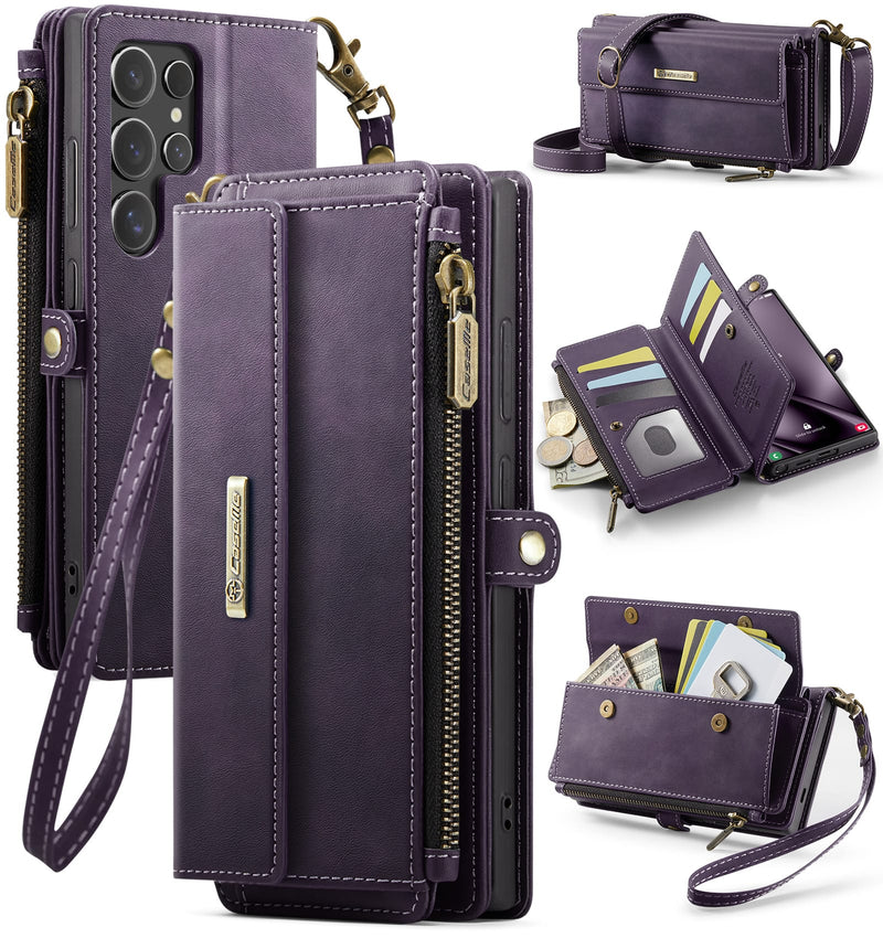 Samsung Galaxy S24 Ultra Crossbody Case with Strap, Card Slots & Zipper Pocket [Purple]