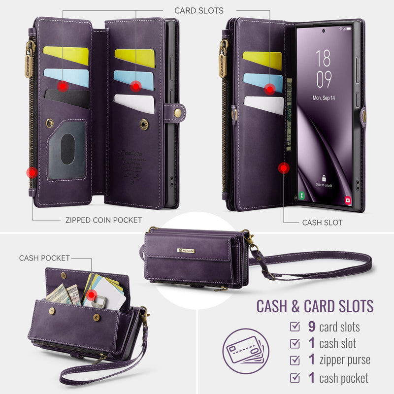 Samsung Galaxy S25 Ultra Crossbody Case with Strap, Card Slots & Zipper Pocket [Purple]