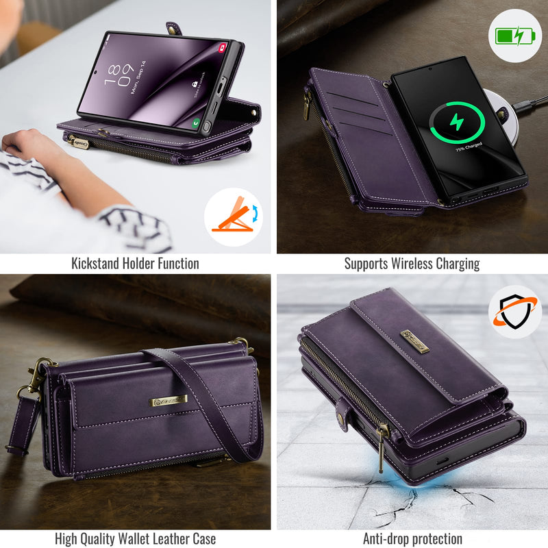 Samsung Galaxy S25 Ultra Crossbody Case with Strap, Card Slots & Zipper Pocket [Purple]