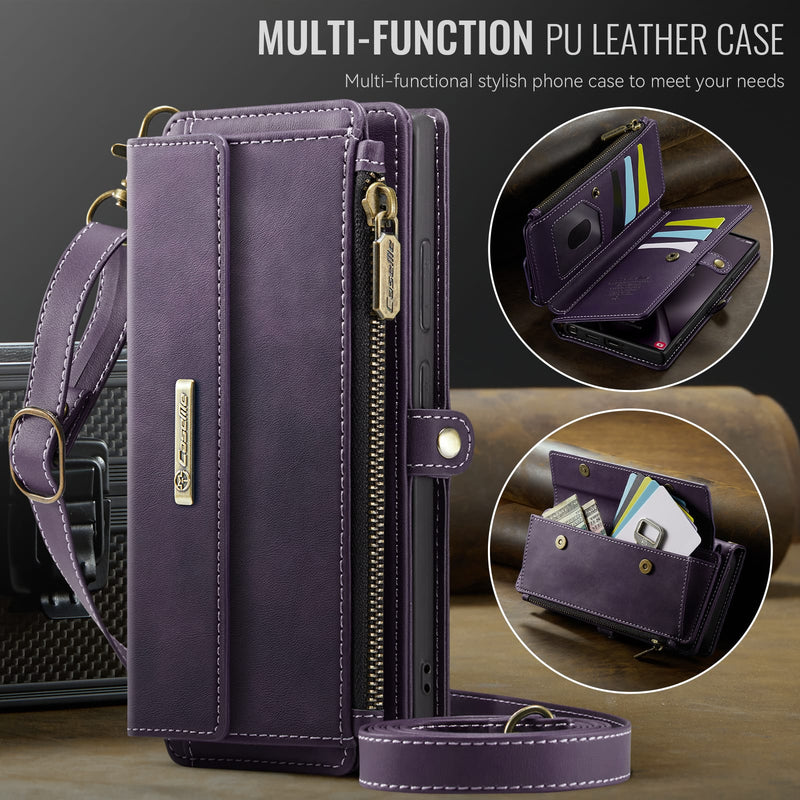 Samsung Galaxy S24 Ultra Crossbody Case with Strap, Card Slots & Zipper Pocket [Purple]