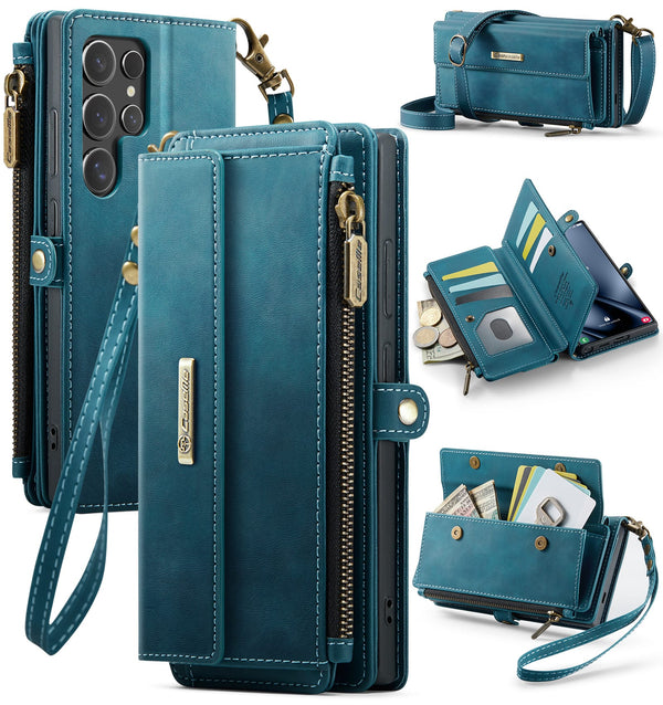 Samsung Galaxy S25 Ultra Crossbody Case with Strap, Card Slots & Zipper Pocket [Teal]
