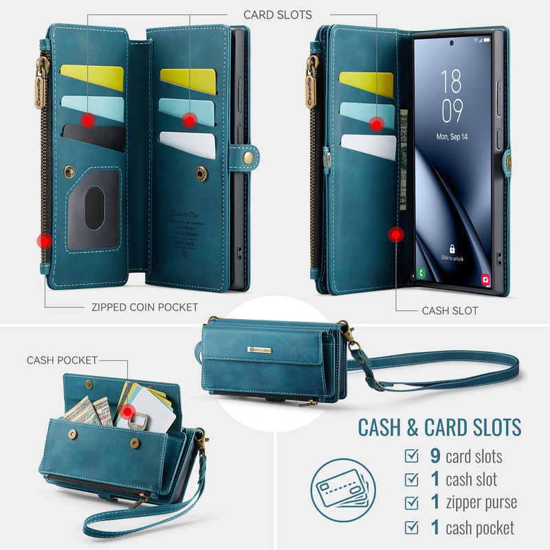 Samsung Galaxy S24 Ultra Crossbody Case with Strap, Card Slots & Zipper Pocket [Teal]