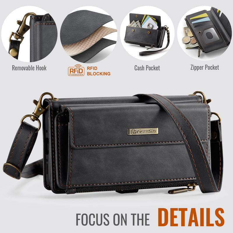 Samsung Galaxy A55 Crossbody Case with Strap, Card Slots & Zipper Pocket [Black]