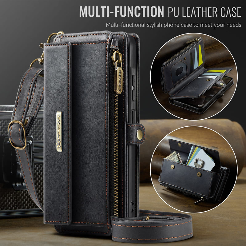 Samsung Galaxy A55 Crossbody Case with Strap, Card Slots & Zipper Pocket [Black]