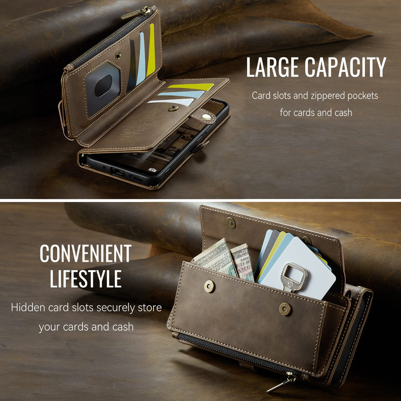 Samsung Galaxy A55 Crossbody Case with Strap, Card Slots & Zipper Pocket [Coffee]