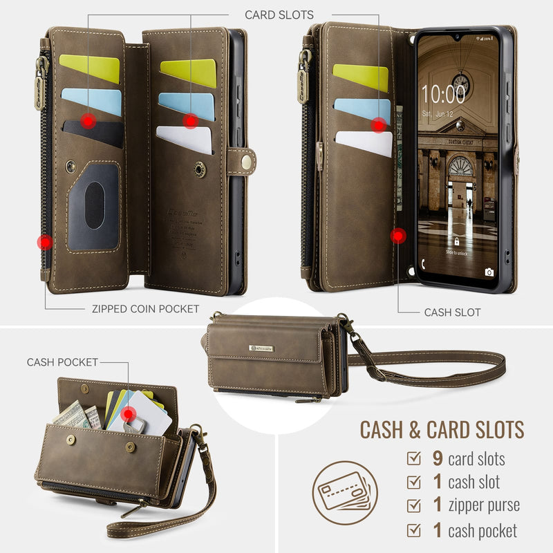 Samsung Galaxy A55 Crossbody Case with Strap, Card Slots & Zipper Pocket [Coffee]