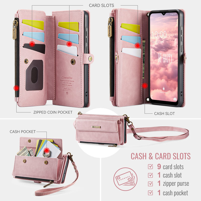 Samsung Galaxy A55 Crossbody Case with Strap, Card Slots & Zipper Pocket [Pink]