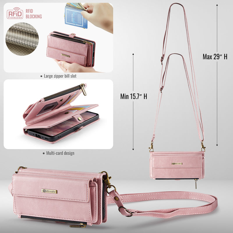 Samsung Galaxy A55 Crossbody Case with Strap, Card Slots & Zipper Pocket [Pink]