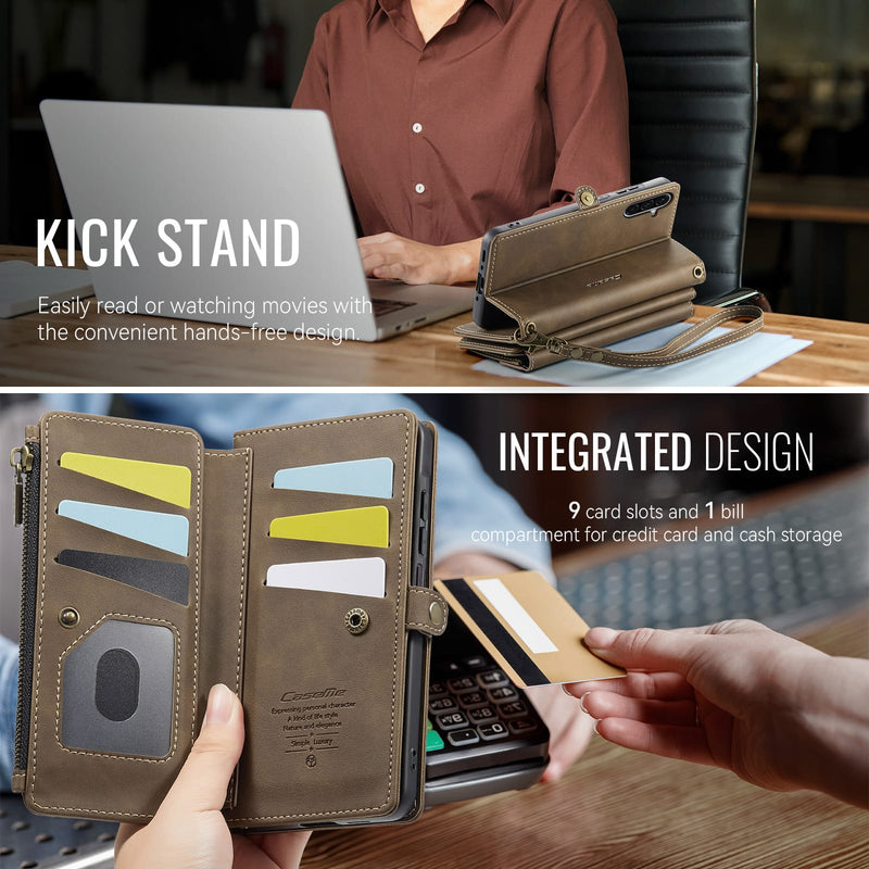 Samsung Galaxy A56 Crossbody Case with Strap, Card Slots & Zipper Pocket [Coffee]