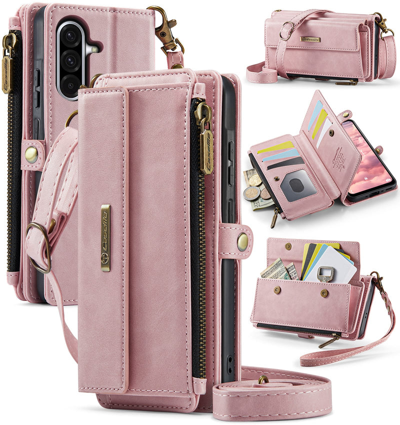 Samsung Galaxy A56 Crossbody Case with Strap, Card Slots & Zipper Pocket [Pink]