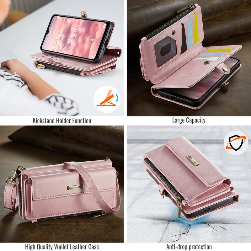 Samsung Galaxy A56 Crossbody Case with Strap, Card Slots & Zipper Pocket [Pink]