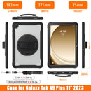 Samsung Tab A9+ A9 Plus Rugged Case - 360° Stand, Hand & Shoulder Strap - Shockproof - Black