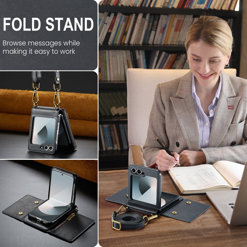 DG.MING Samsung Galaxy Z Flip 7 Crossbody Wallet Case [Black]