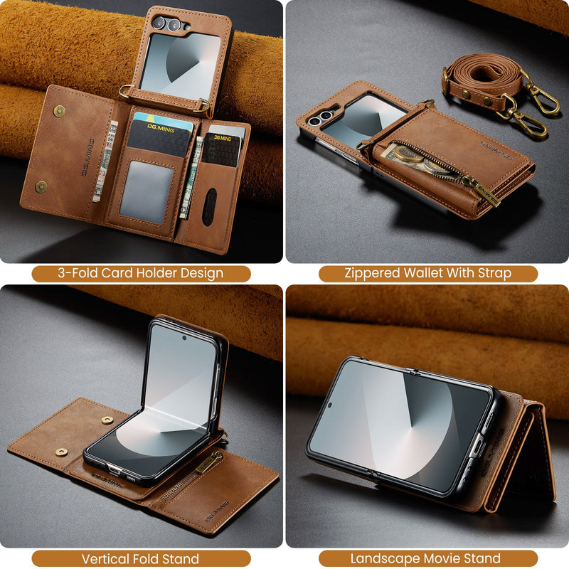DG.MING Samsung Galaxy Z Flip 7 Crossbody Wallet Case [Brown]