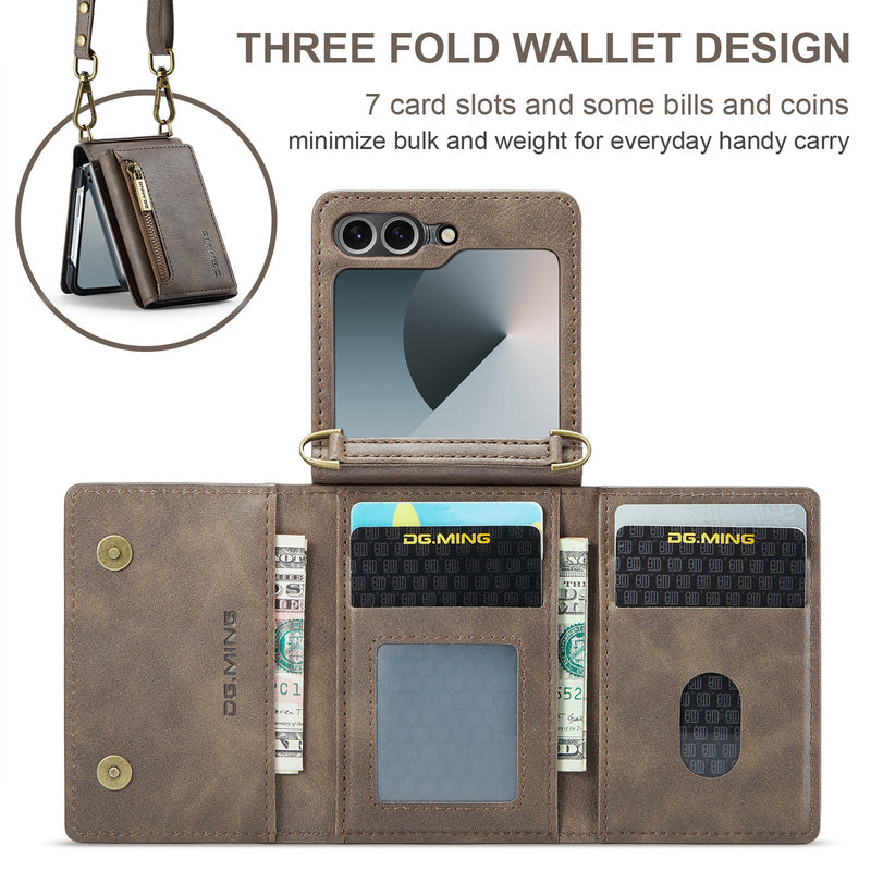 DG.MING Samsung Galaxy Z Flip 7 Crossbody Wallet Case [Coffee]