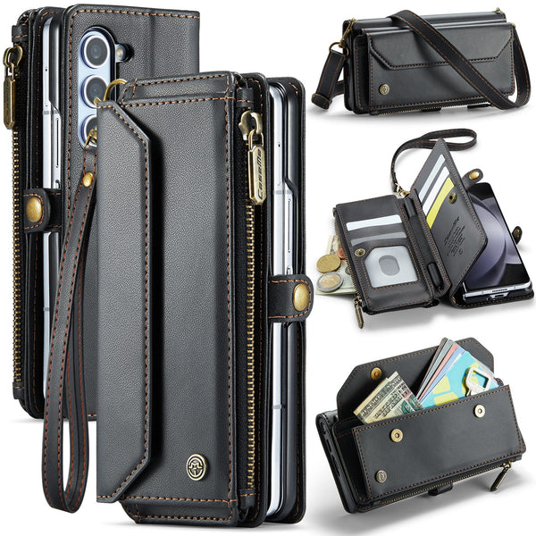 Galaxy Z Fold 5 CaseMe Crossbody Wallet Case with Strap, Card Slots & Zipper Pocket [Black]