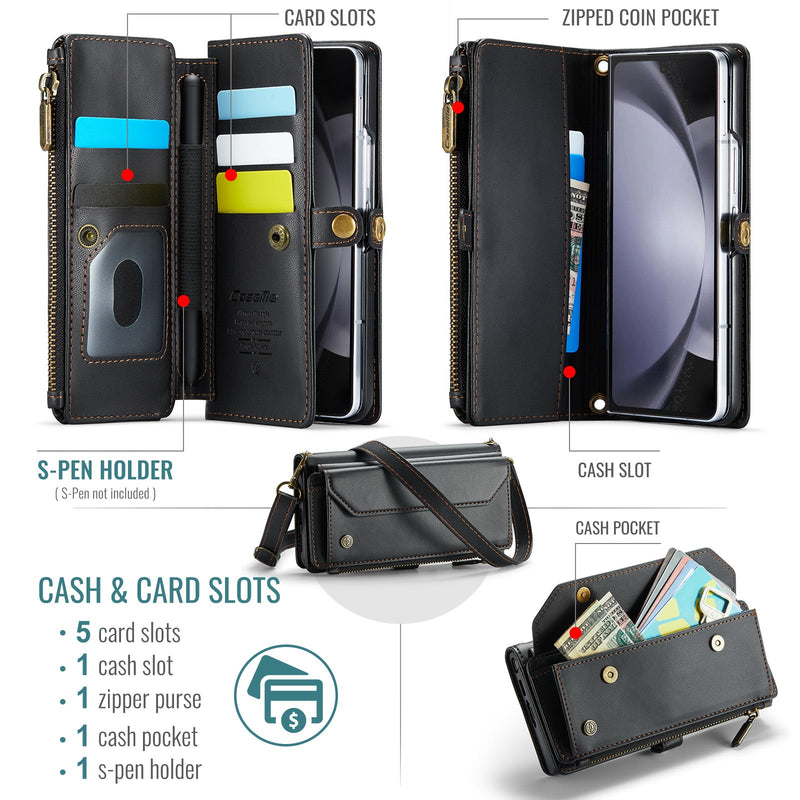 Galaxy Z Fold 5 CaseMe Crossbody Wallet Case with Strap, Card Slots & Zipper Pocket [Black]