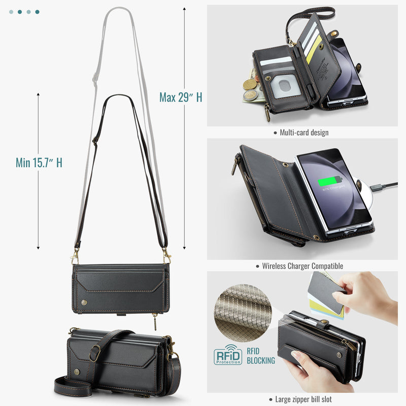 Galaxy Z Fold 5 CaseMe Crossbody Wallet Case with Strap, Card Slots & Zipper Pocket [Black]
