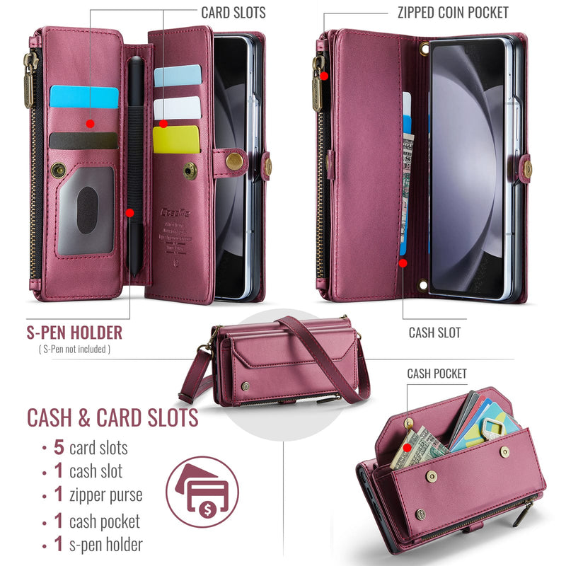 Galaxy Z Fold 5 CaseMe Crossbody Wallet Case with Strap, Card Slots & Zipper Pocket [Maroon]