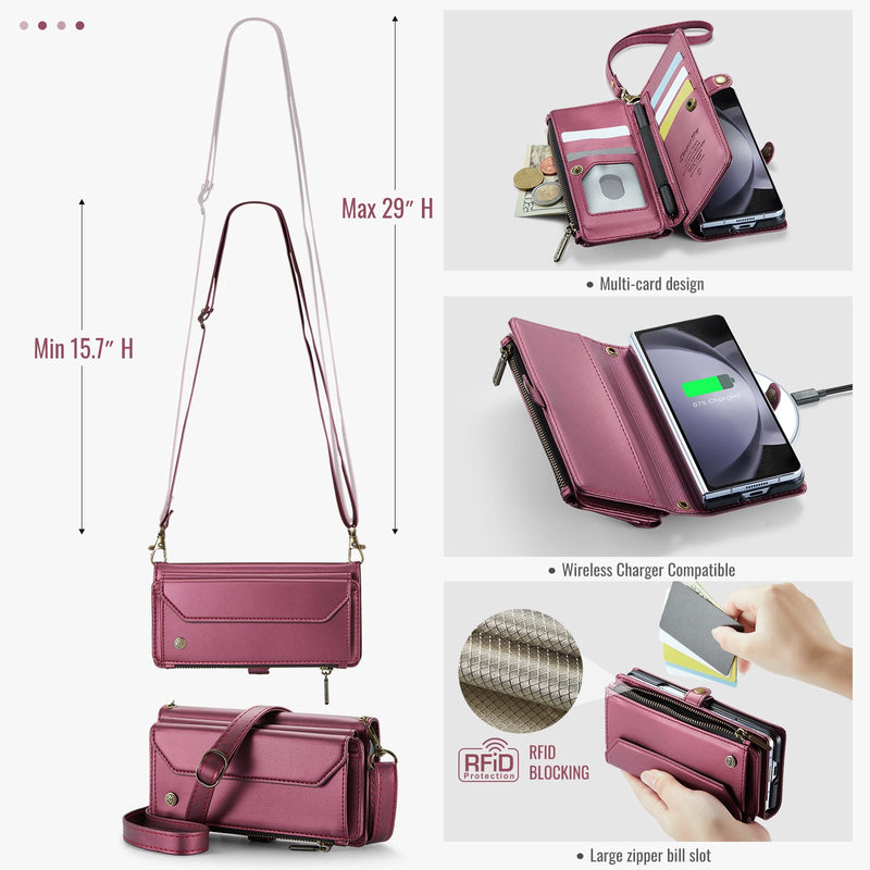 Galaxy Z Fold 5 CaseMe Crossbody Wallet Case with Strap, Card Slots & Zipper Pocket [Maroon]