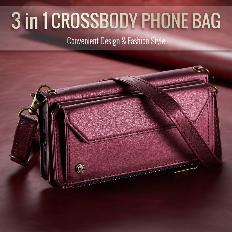 Galaxy Z Fold 5 CaseMe Crossbody Wallet Case with Strap, Card Slots & Zipper Pocket [Maroon]