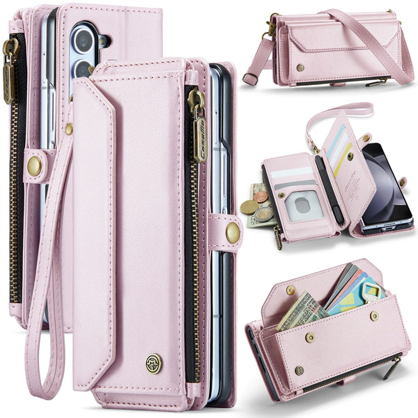 Galaxy Z Fold 5 CaseMe Crossbody Wallet Case with Strap, Card Slots & Zipper Pocket [Pink]