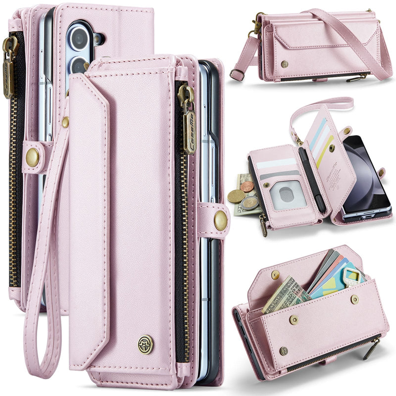 Galaxy Z Fold 5 CaseMe Crossbody Wallet Case with Strap, Card Slots & Zipper Pocket [Pink]