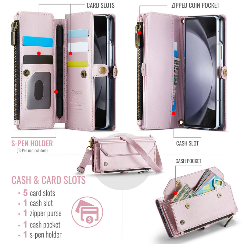 Galaxy Z Fold 5 CaseMe Crossbody Wallet Case with Strap, Card Slots & Zipper Pocket [Pink]
