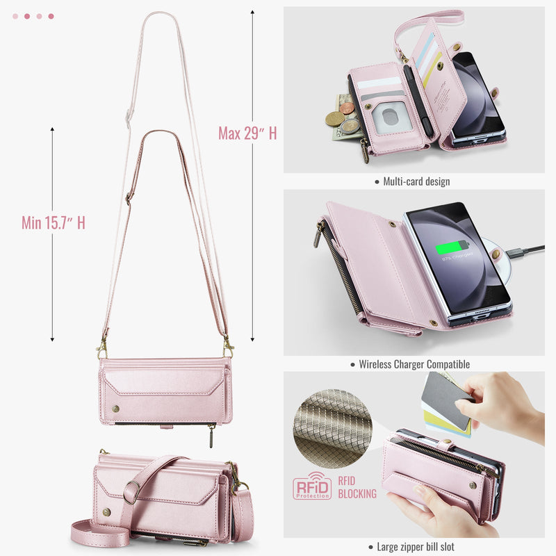 Galaxy Z Fold 5 CaseMe Crossbody Wallet Case with Strap, Card Slots & Zipper Pocket [Pink]