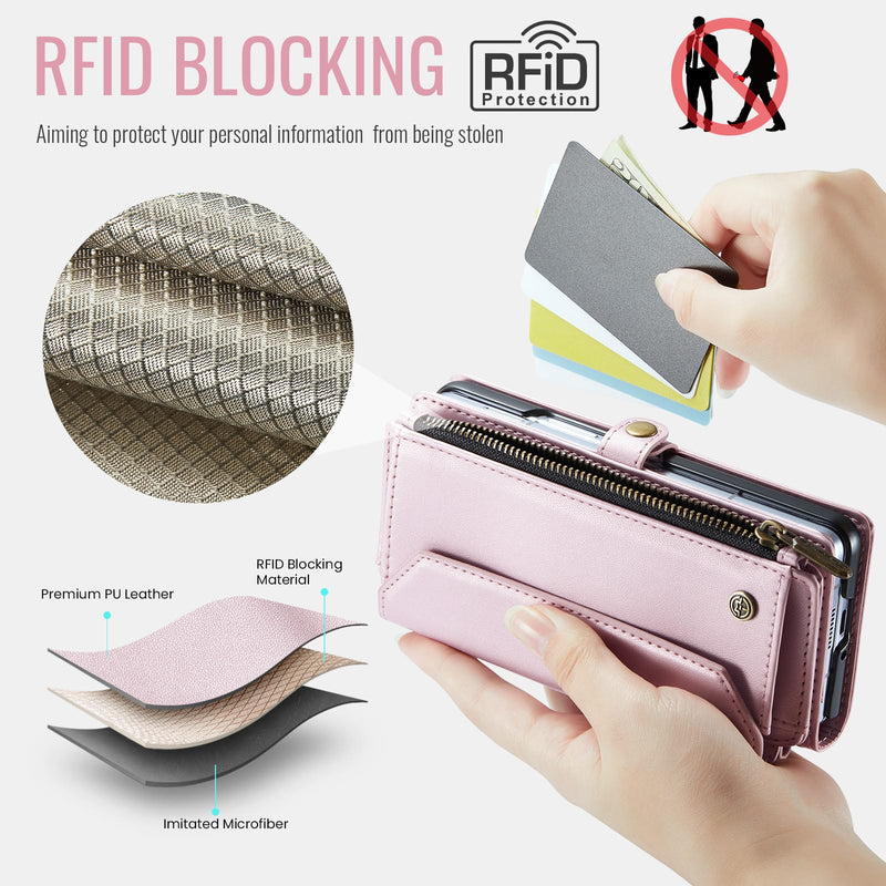 Galaxy Z Fold 5 CaseMe Crossbody Wallet Case with Strap, Card Slots & Zipper Pocket [Pink]