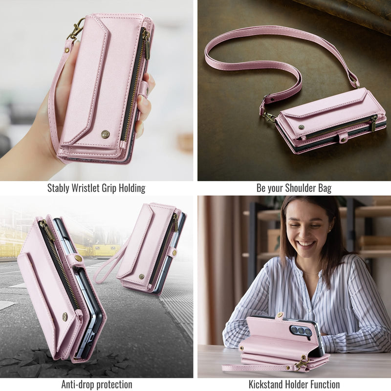 Galaxy Z Fold 5 CaseMe Crossbody Wallet Case with Strap, Card Slots & Zipper Pocket [Pink]