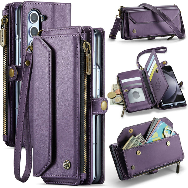 Galaxy Z Fold 5 CaseMe Crossbody Wallet Case with Strap, Card Slots & Zipper Pocket [Purple]