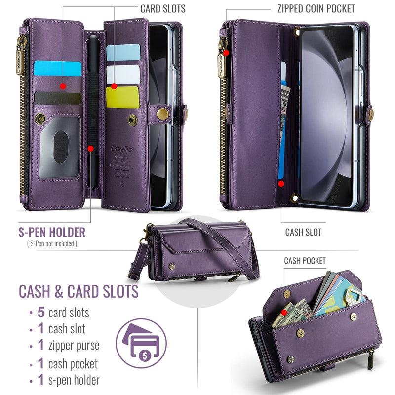 Galaxy Z Fold 5 CaseMe Crossbody Wallet Case with Strap, Card Slots & Zipper Pocket [Purple]
