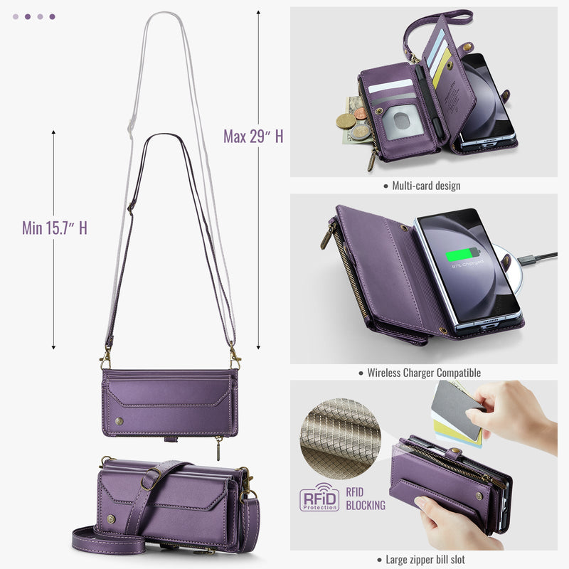Galaxy Z Fold 5 CaseMe Crossbody Wallet Case with Strap, Card Slots & Zipper Pocket [Purple]