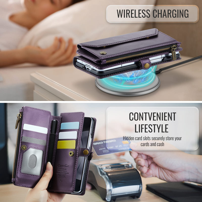 Galaxy Z Fold 5 CaseMe Crossbody Wallet Case with Strap, Card Slots & Zipper Pocket [Purple]