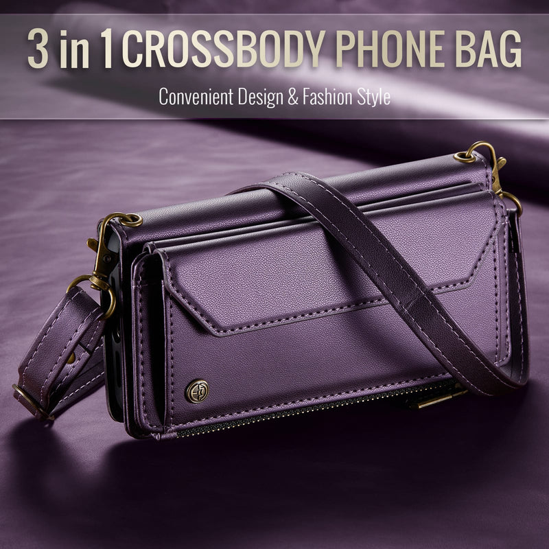 Galaxy Z Fold 5 CaseMe Crossbody Wallet Case with Strap, Card Slots & Zipper Pocket [Purple]