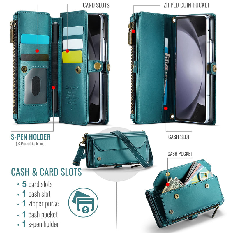 Galaxy Z Fold 5 CaseMe Crossbody Wallet Case with Strap, Card Slots & Zipper Pocket [Teal]