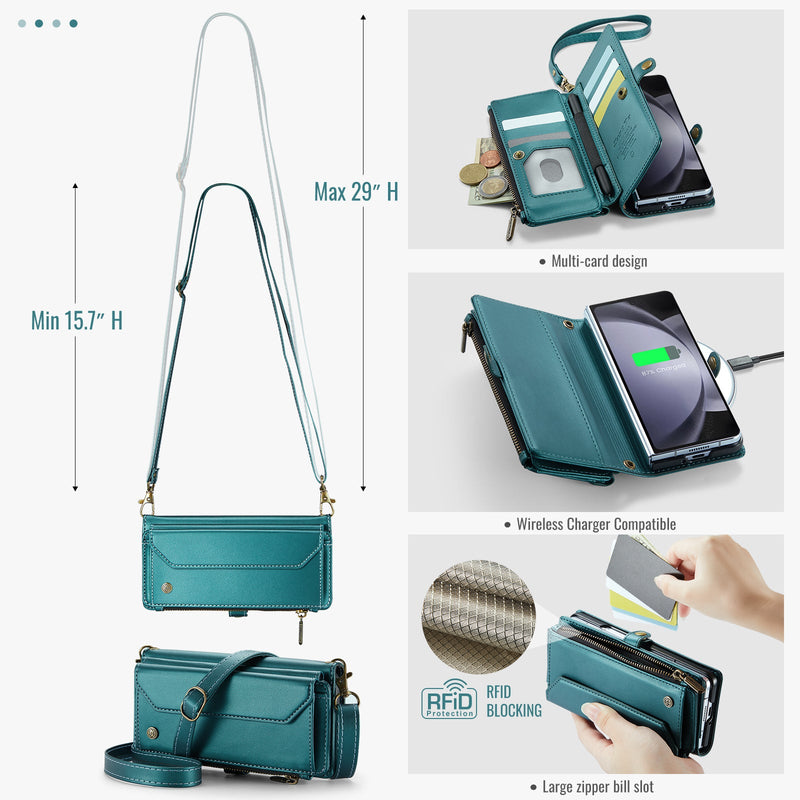 Galaxy Z Fold 5 CaseMe Crossbody Wallet Case with Strap, Card Slots & Zipper Pocket [Teal]