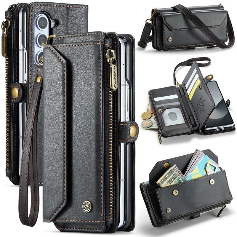 Galaxy Z Fold 6 CaseMe Crossbody Wallet Case with Strap, Card Slots & Zipper Pocket [Black]