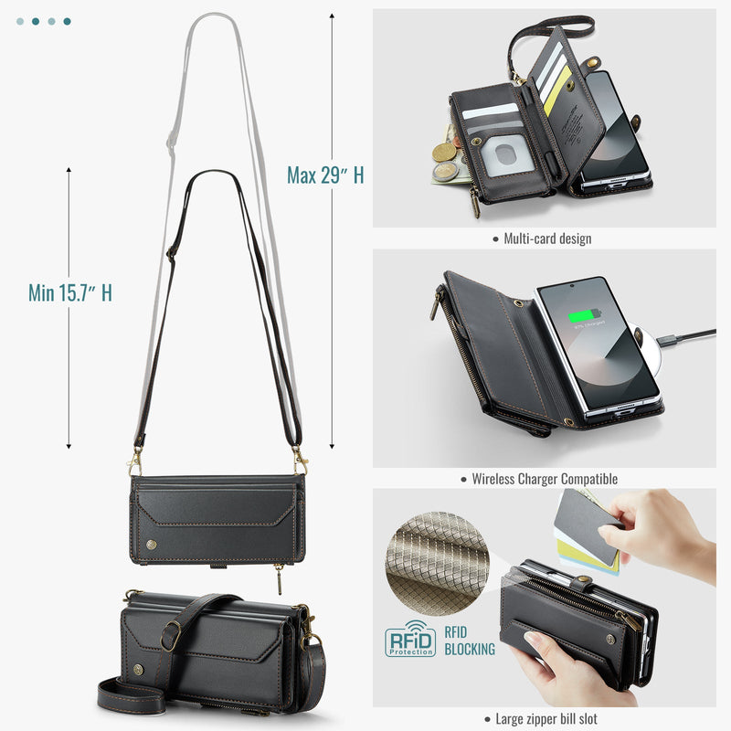 Galaxy Z Fold 6 CaseMe Crossbody Wallet Case with Strap, Card Slots & Zipper Pocket [Black]