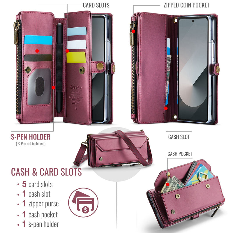 Galaxy Z Fold 6 CaseMe Crossbody Wallet Case with Strap, Card Slots & Zipper Pocket [Maroon]