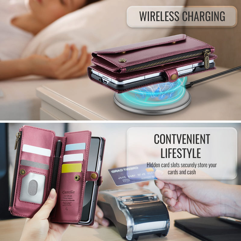 Galaxy Z Fold 6 CaseMe Crossbody Wallet Case with Strap, Card Slots & Zipper Pocket [Maroon]