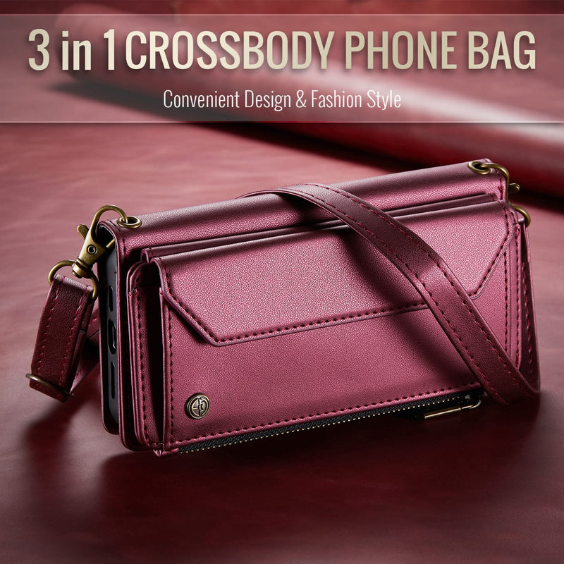 Galaxy Z Fold 6 CaseMe Crossbody Wallet Case with Strap, Card Slots & Zipper Pocket [Maroon]
